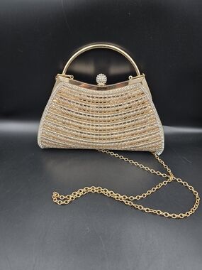 Gold Crystal-Accented Evening Clutch with Chain Strap